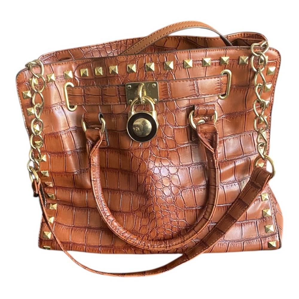 Tan Gold Shoulder Bag with Croc Embossed Texture